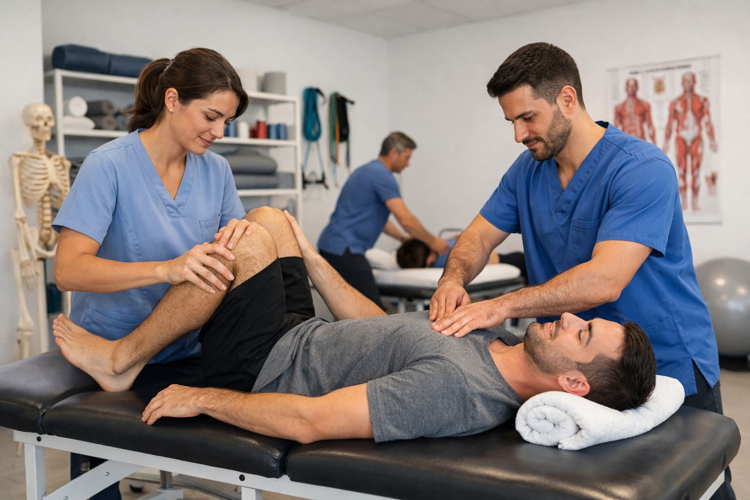 Fisioterapeutas realizando tratamiento a un paciente en una clínica de fisioterapia