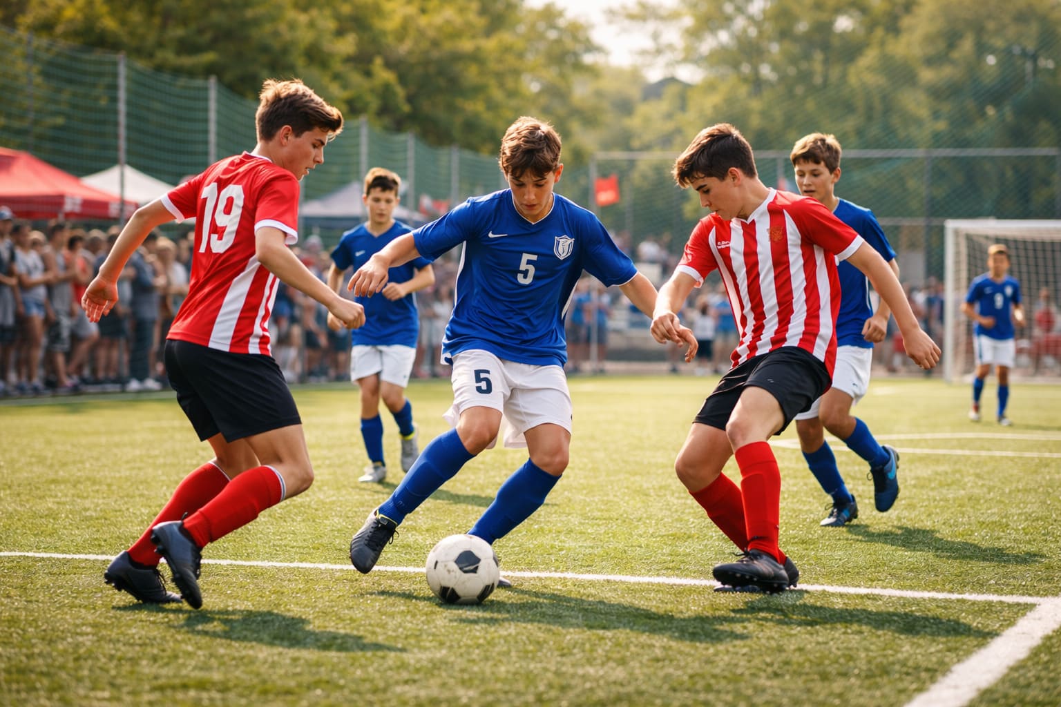 Chicos disfrutando de jugar al fútbol 7 en Madrid
