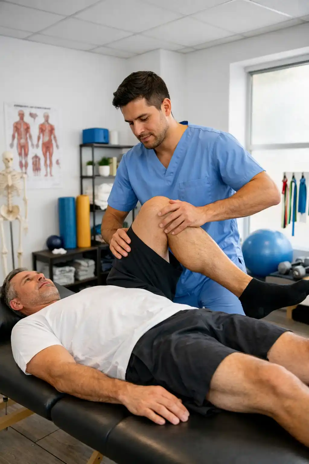 Fisioterapeuta realizando tratamiento de rodilla a paciente en clínica